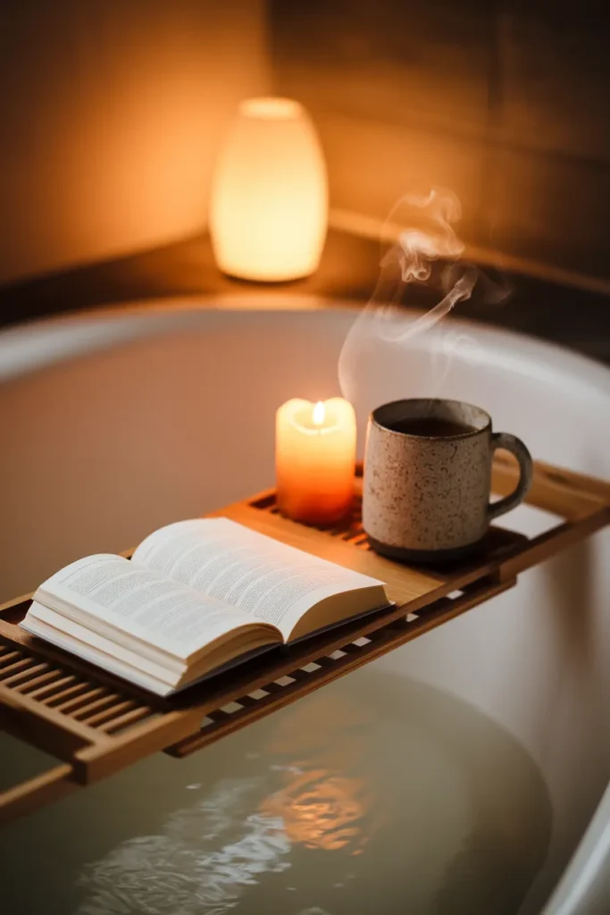 Oak bath tray holding an open book, steaming mug, and lit candle across a white tub