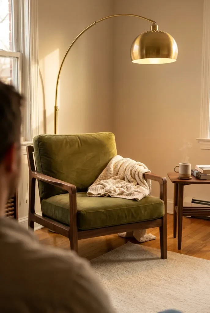 Olive green reading nook with walnut armchair, brass floor lamp, and warm mug on a side table.