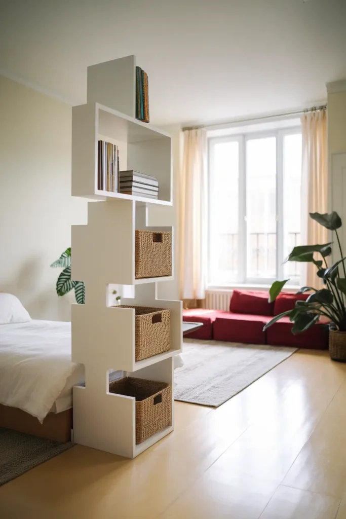 Open-back cube bookcase dividing a studio apartment into sleeping and sitting zones.