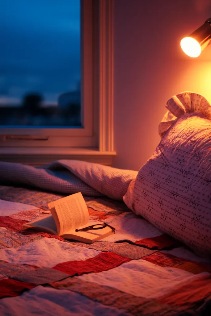 Open book on a layered quilt at dusk in a renter friendly cottagecore bedroom