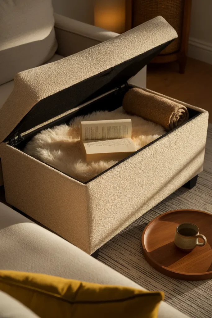Open boucle storage ottoman holding folded throws, seen from a seated view in golden hour light.