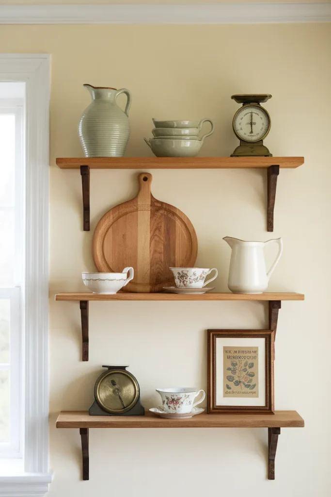 Open kitchen shelf styled with cream ironstone, one green jug, and a wood board so it reads collected