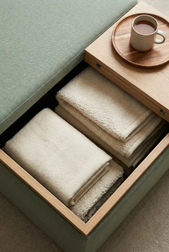 Open storage ottoman holding folded throw blankets in a cozy reading nook.