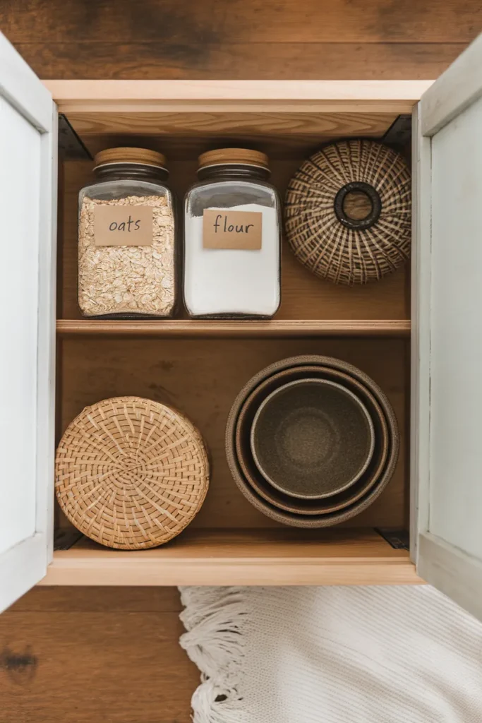 Organized open shelf with labeled jars and a woven basket in a small cottage kitchen.