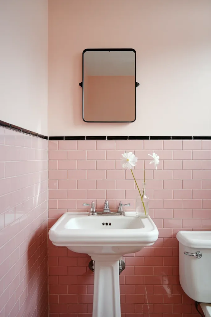 Original 1950s pink tile bathroom styled with black trim, white walls and a pedestal sink