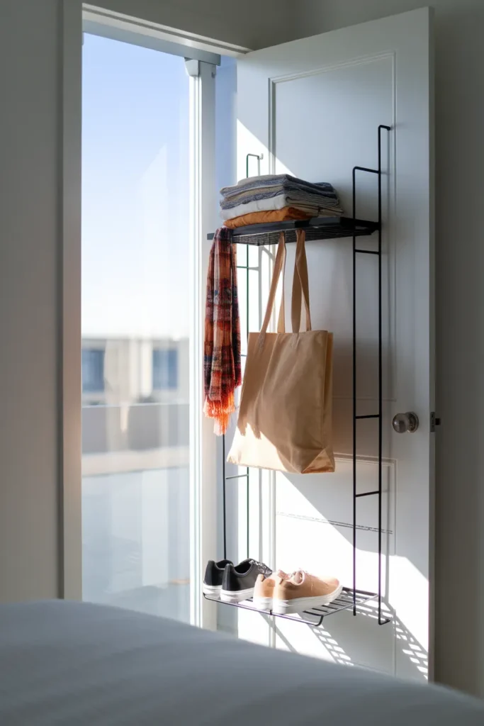 Over-the-door storage rack on a bedroom door holding shoes and a tote in a small apartment.