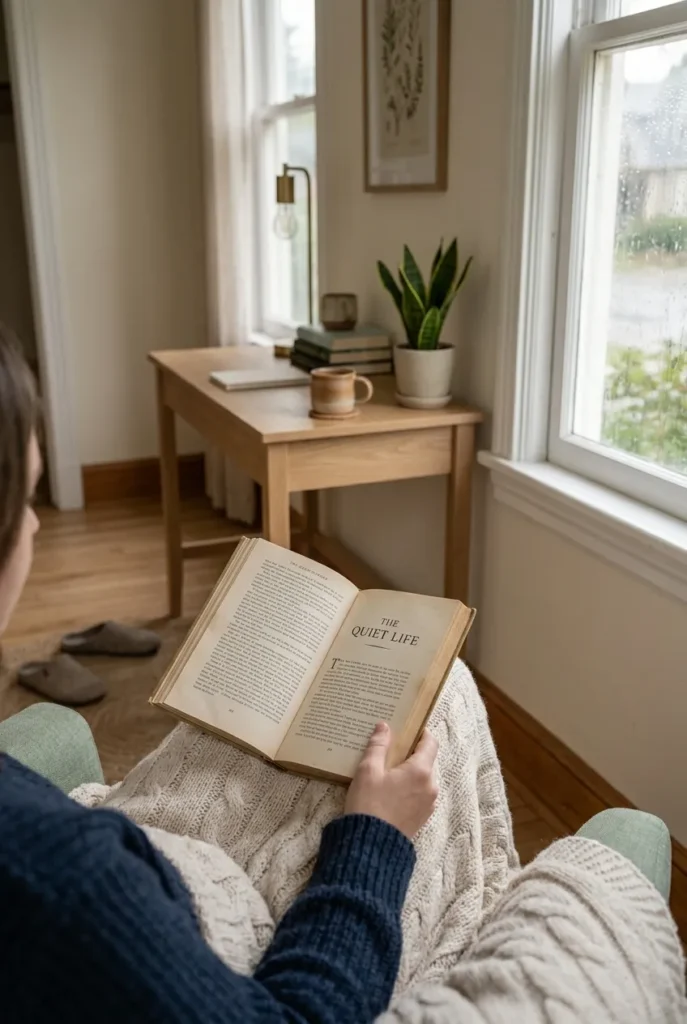 Over-the-shoulder view of reading a book from a cozy bedroom nook chair with a throw.