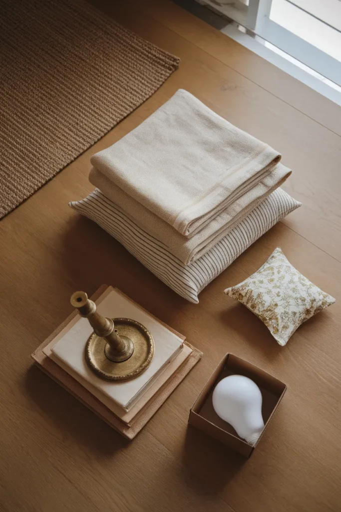 Overhead flat lay of cottage layers jute rug corner, linen throw, ticking stripe pillow, brass candlestick