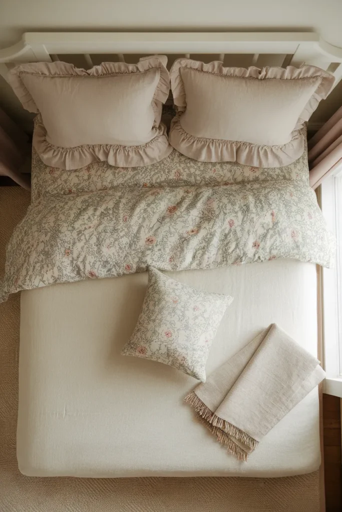 Overhead flat lay of layered cottagecore bedding with floral duvet, ruffled shams, and linen throw.