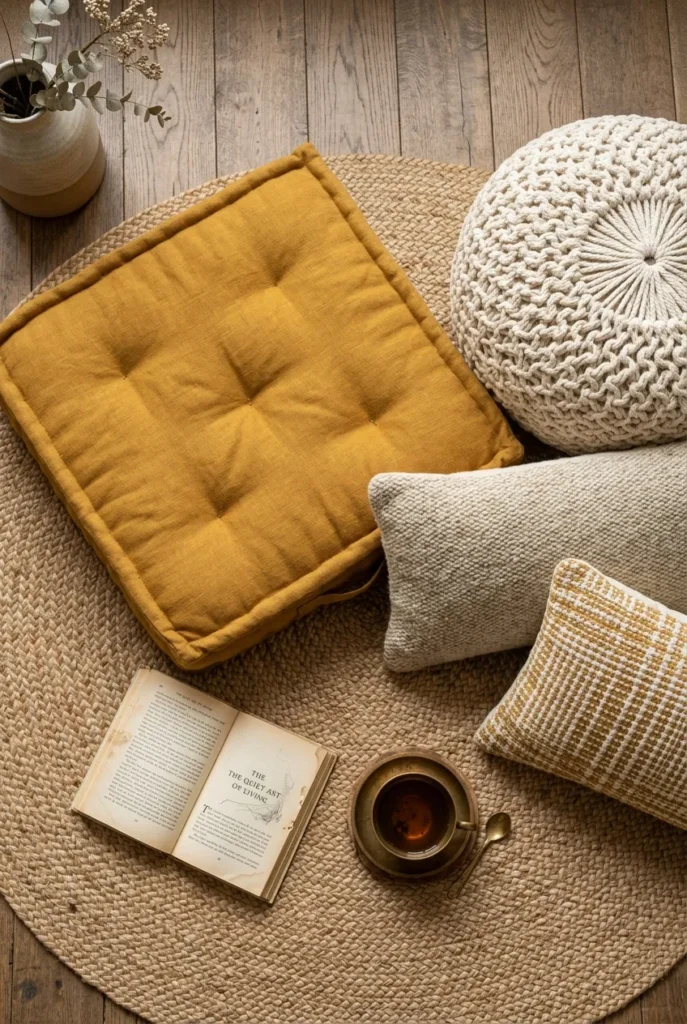 Overhead flat-lay of mustard floor cushion, pouf, and pillows on a jute rug.