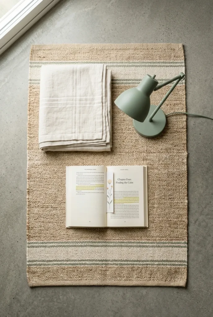 Overhead flat-lay of reading nook starter items on a rug in a garage.
