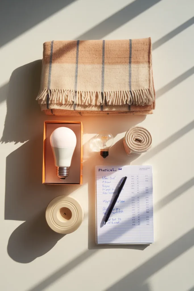 Overhead flat lay of throw, rug, bulb, and lamp beside a handwritten price list for a budget corner.