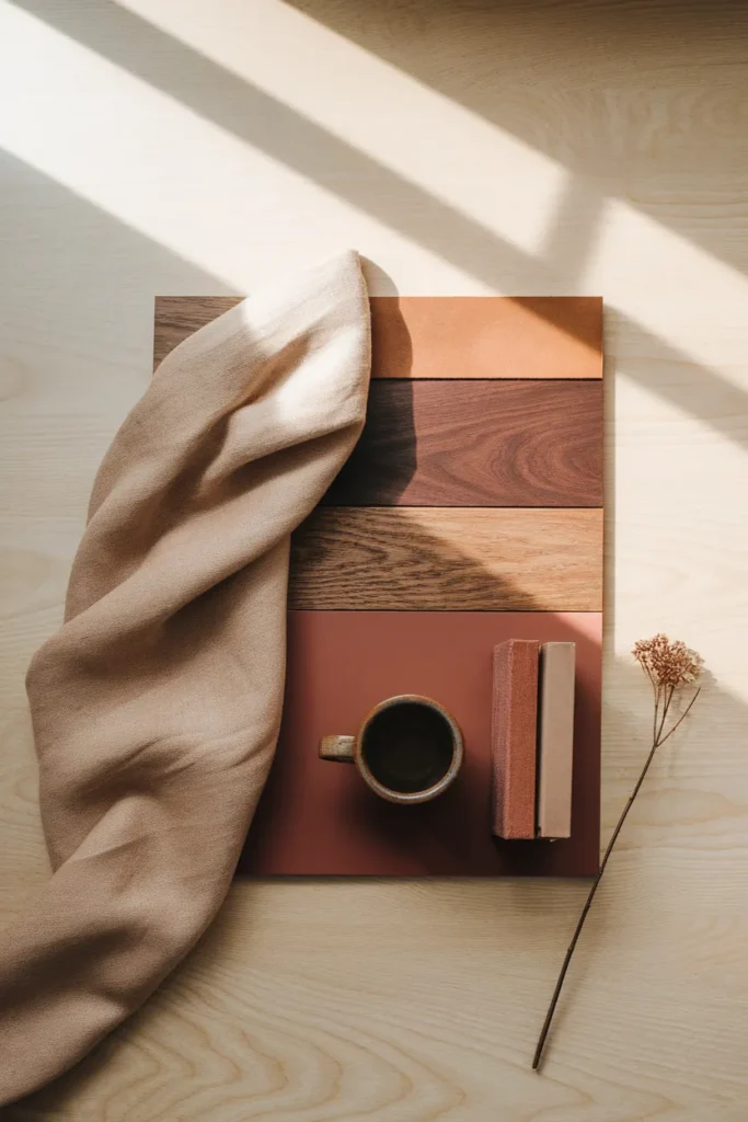Overhead palette board showing a 70-20-10 color split in oatmeal linen, walnut wood, and rust accents.
