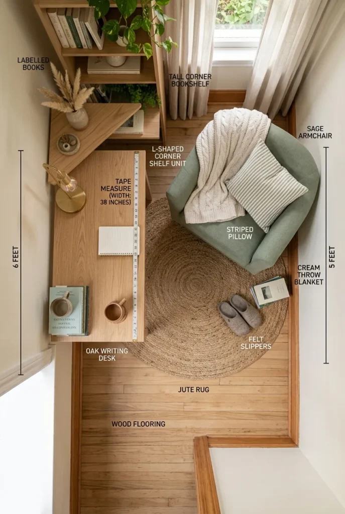 Overhead view of L-shaped desk and reading chair layout with tape measure on desk.