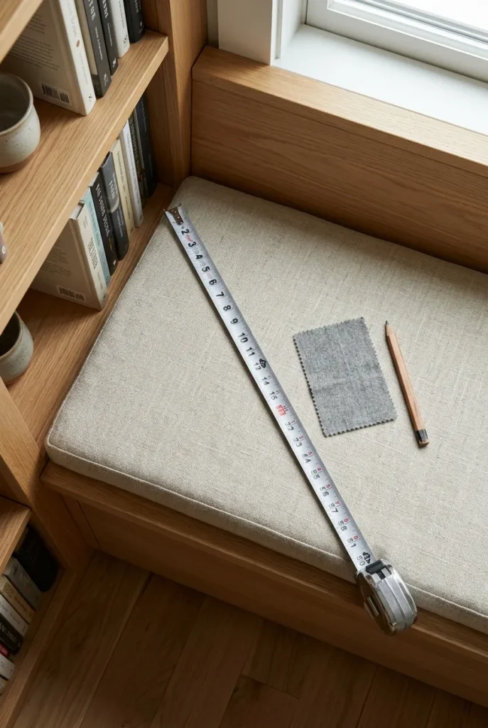 Overhead view of a bench cushion with a tape measure showing reading nook seat width.