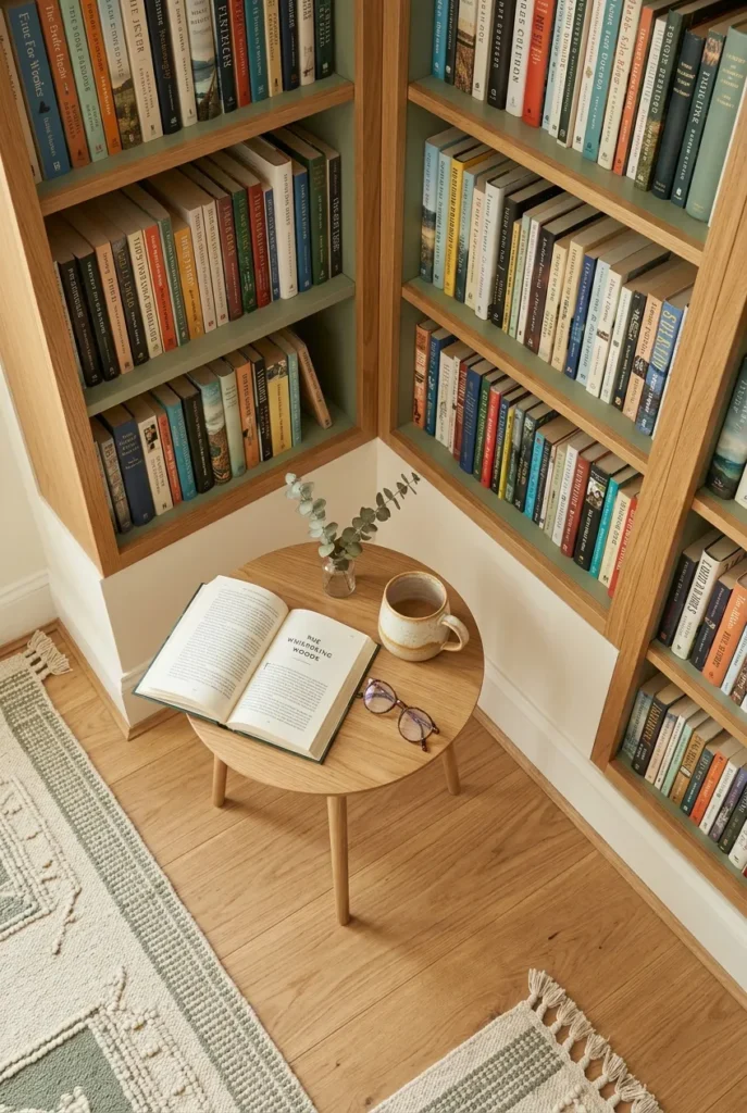Overhead view of a corner library layout with two bookcases and a side table
