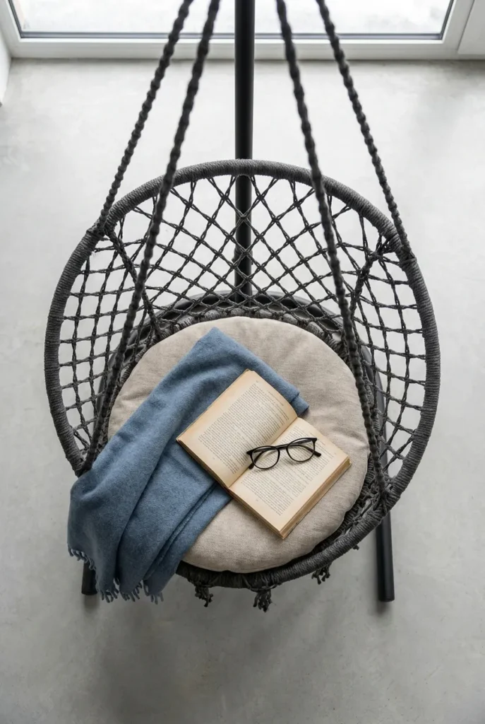 Overhead view of a hanging swing chair on a black stand with a throw and open book.