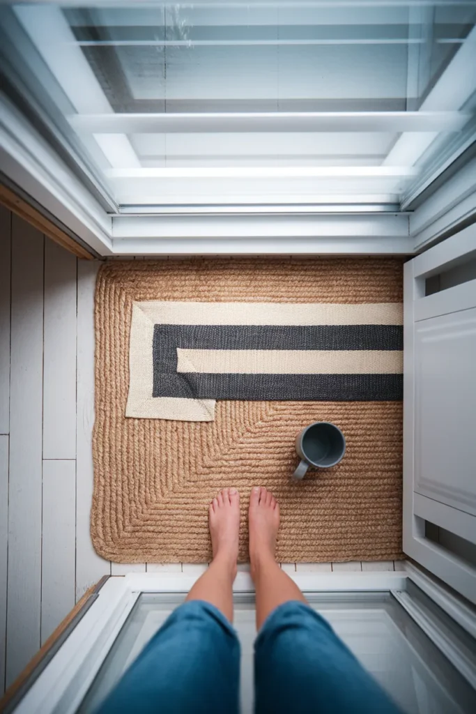 Overhead view of a jute rug layered with a washable runner in a rental apartment with bare feet