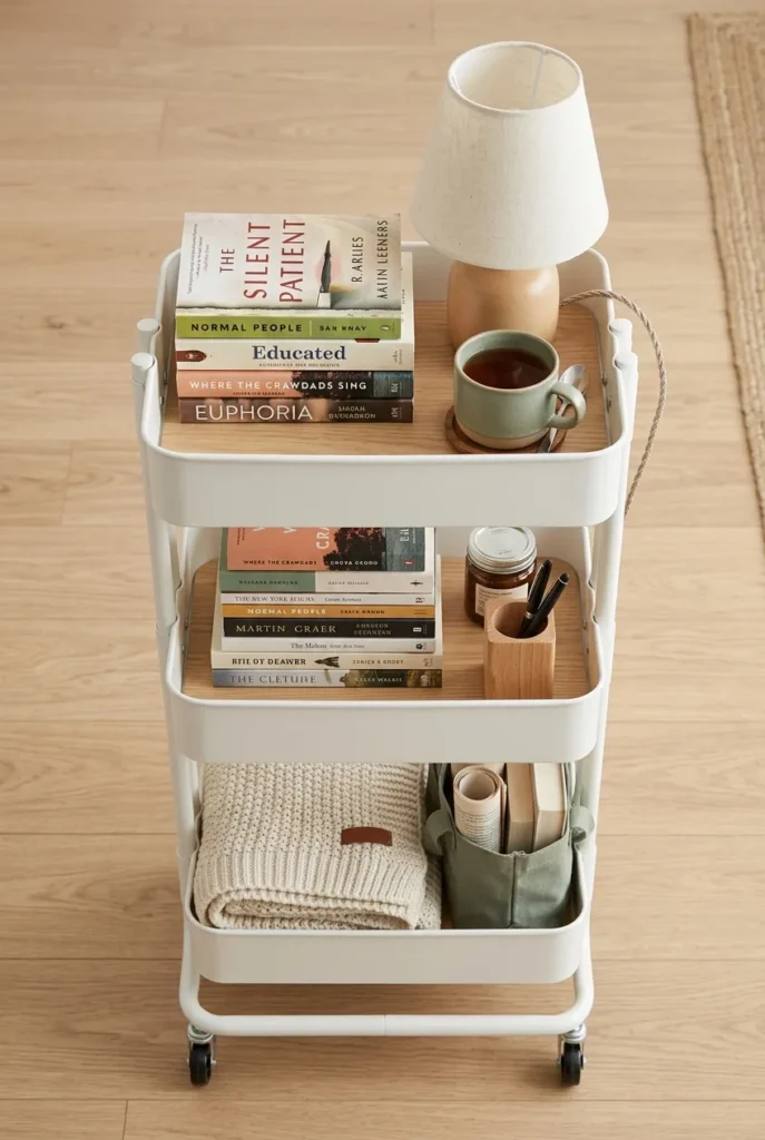 Overhead view of a rolling cart storing books and a lamp for a no-drill dorm reading nook.
