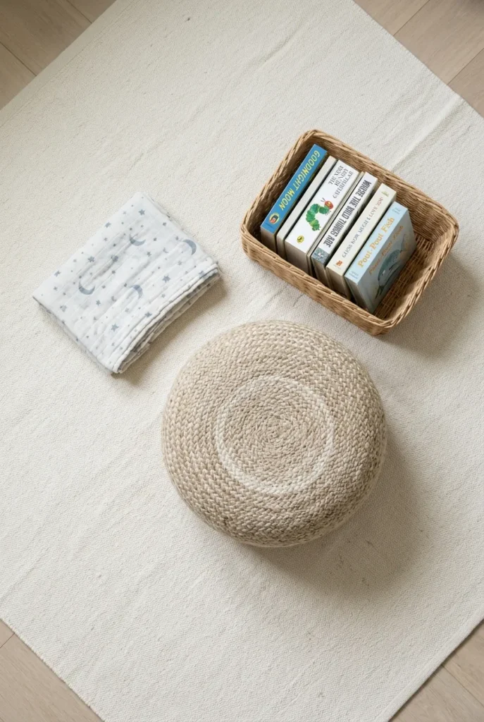 Overhead view of a small-space nursery book corner with pouf, rug, and board books.