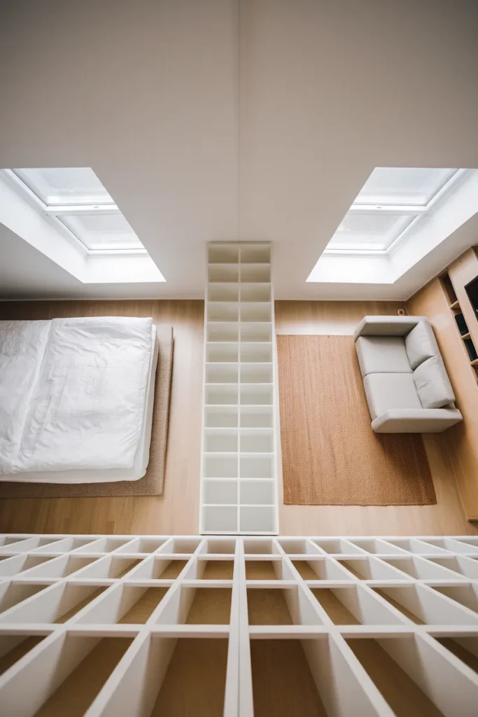 Overhead view of a studio apartment zoned into sleeping and sitting areas by an open cube shelf and two rugs.