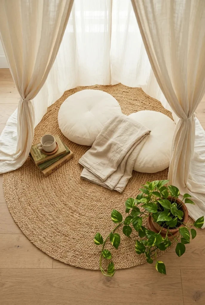 Overhead view of a styled canopy nook floor with rug, cushions, and a plant.