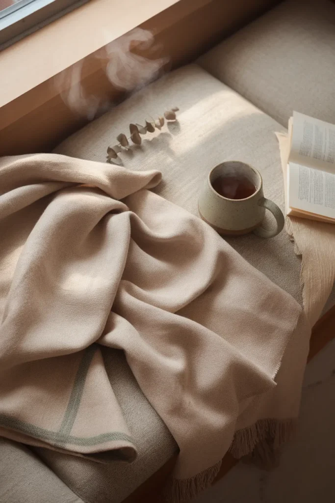 Overhead view of linen throw, tea mug and open book on a studio window bench.