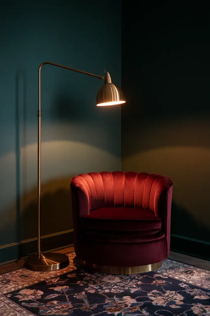 Oxblood velvet armchair, brass floor lamp, and worn floral rug for a dark cottagecore corner.