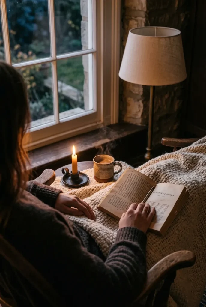 POV of a candle, warm mug, and open book on a wool throw in a vintage reading nook.