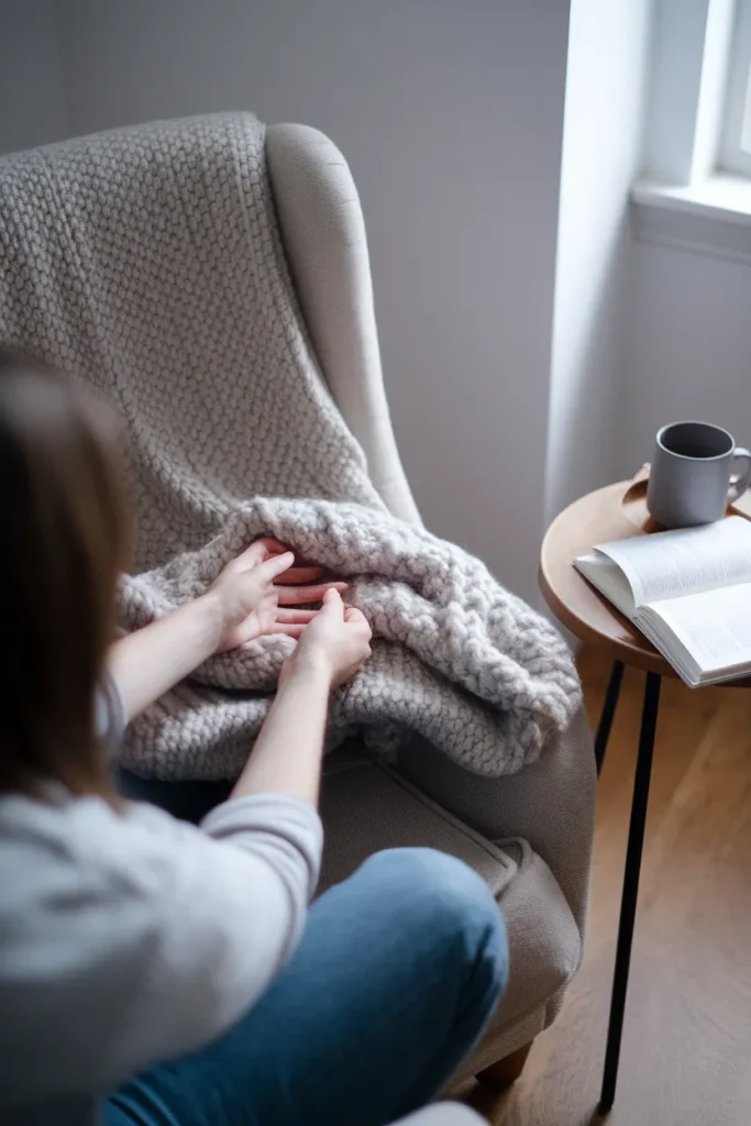 POV of hands pulling a wool throw over lap in a reading corner armchair