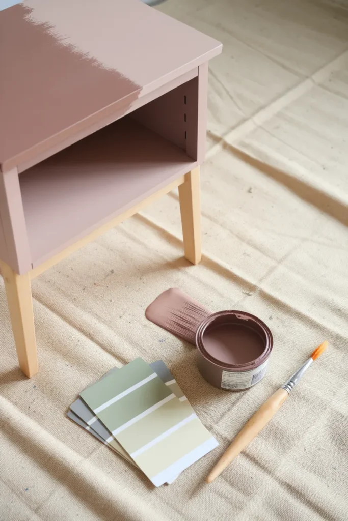 Painting a thrifted nightstand dusty rose for a cottagecore bedroom color palette