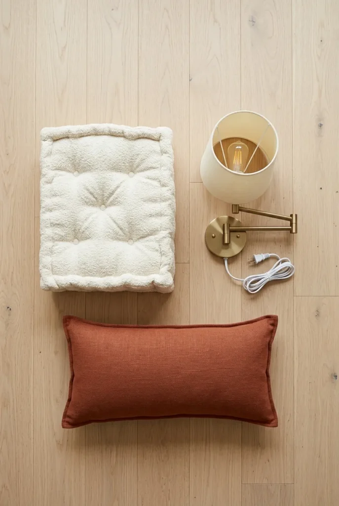 Papasan cushion, swing-arm lamp, and lumbar pillow laid out for a reading nook setup.
