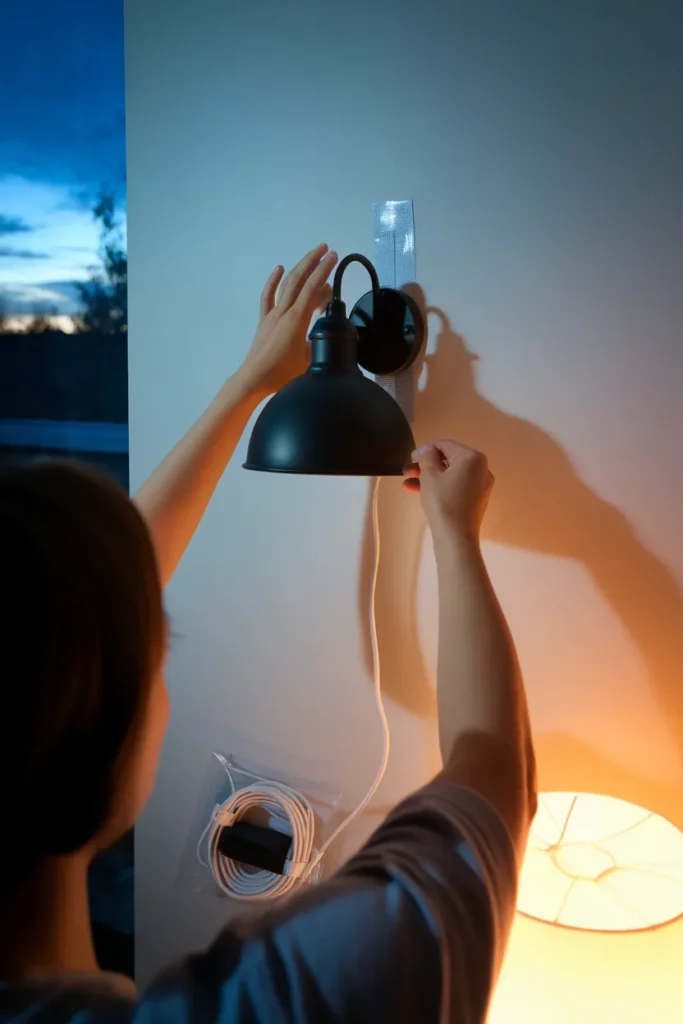 Person mounting a black plug-in wall sconce with an adhesive strip at dusk, cord hanging loose.