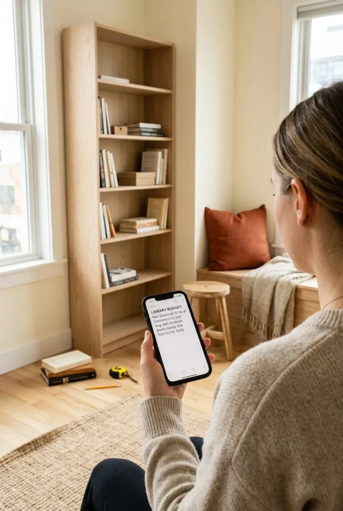 Person planning a budget corner library build next to a new bookcase