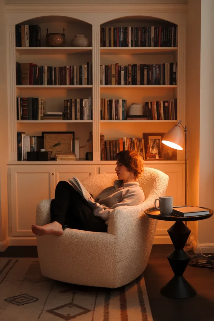 Person reading in a cozy corner nook beside a fully styled warm-lit bookshelf.