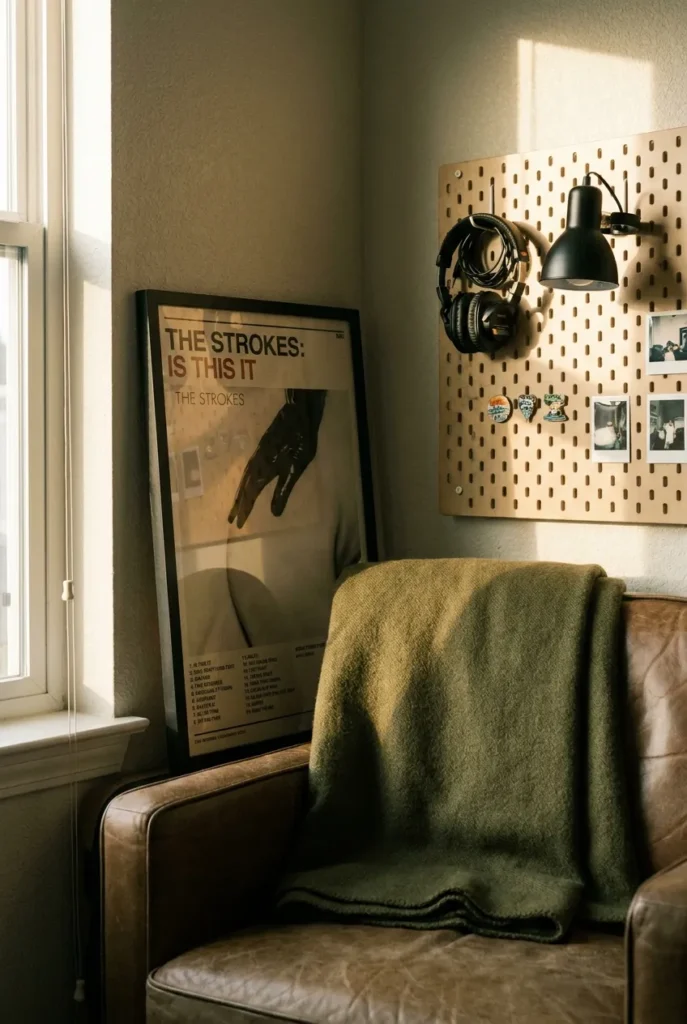 Personalized teen reading corner with poster, headphones, and a wool throw.