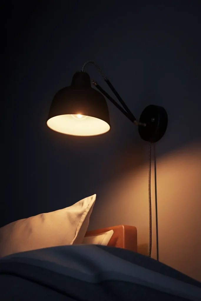 Plug-in swing arm wall sconce glowing warm beside a bed in a rental apartment at night