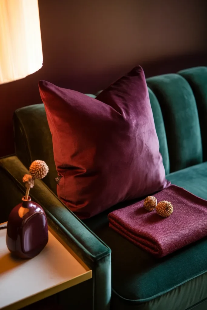 Plum Noir velvet pillow and burgundy throw on a forest green sofa, a 2026 accent color idea.