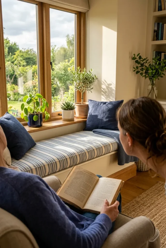 Point of view of a blue striped window seat cushion with a book and sunlit plants.
