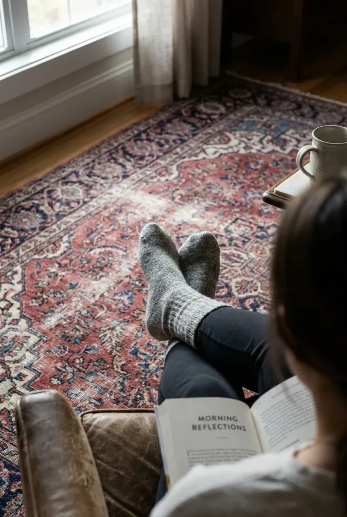 Point of view of feet resting on a faded Persian rug under a reading chair with an open book.