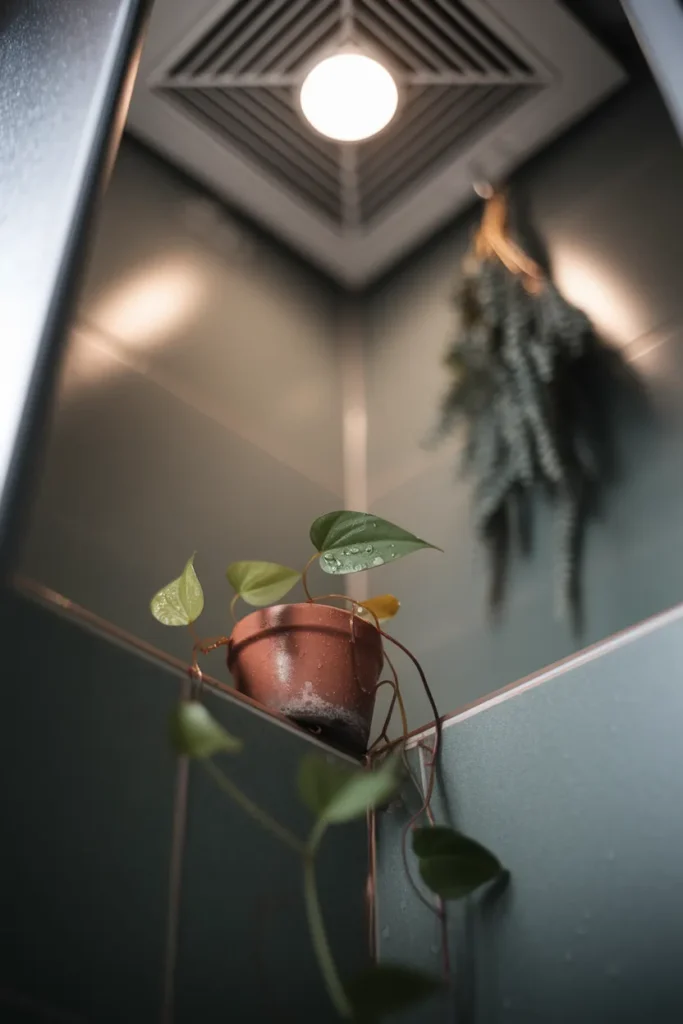 Pothos in a terracotta pot with condensation on its leaves in a windowless bathroom.