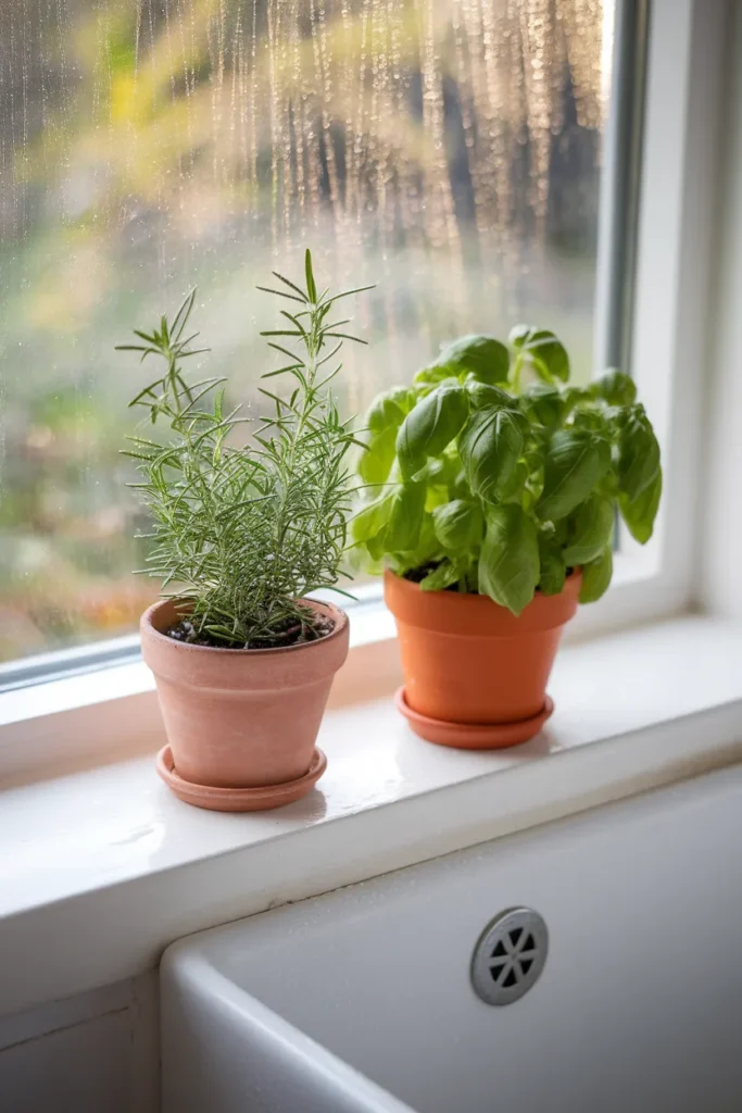 Potted rosemary and basil on a sunny farmhouse kitchen windowsill.