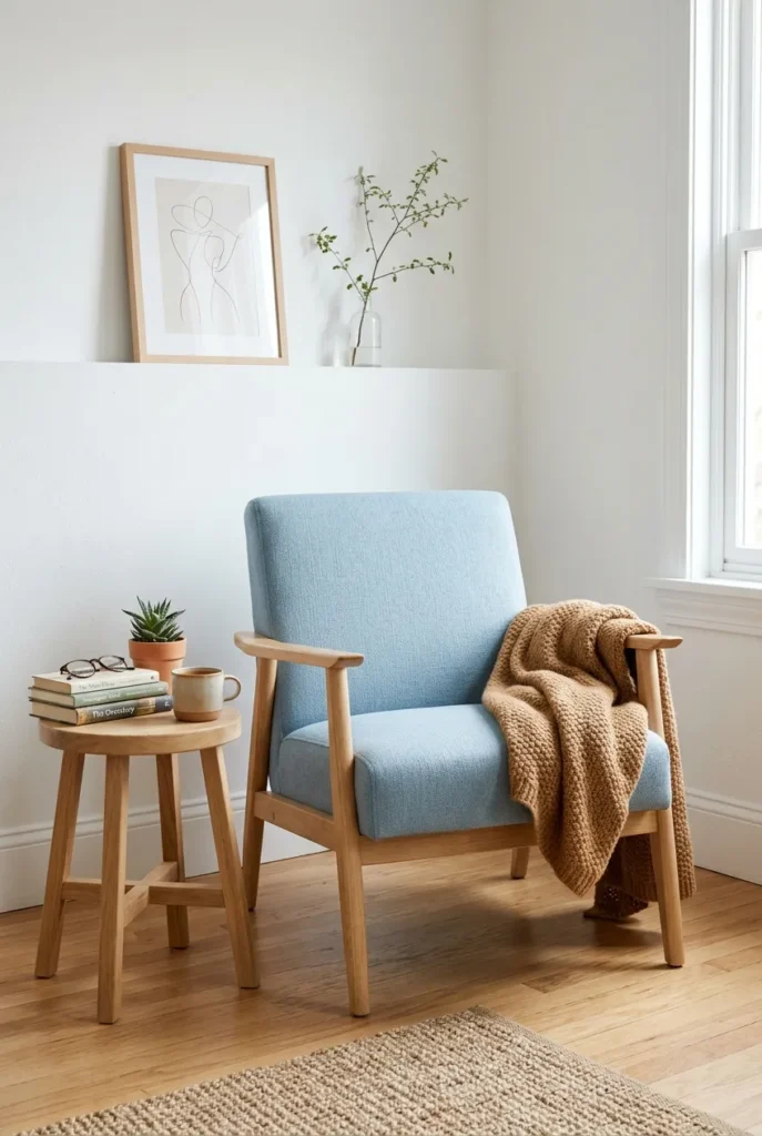 Powder blue accent chair with caramel throw in a bright airy reading corner.