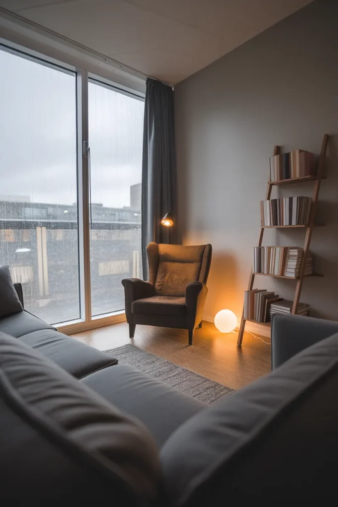 Rainy day living room with a lamp-lit reading corner glowing warm against cool gray daylight.