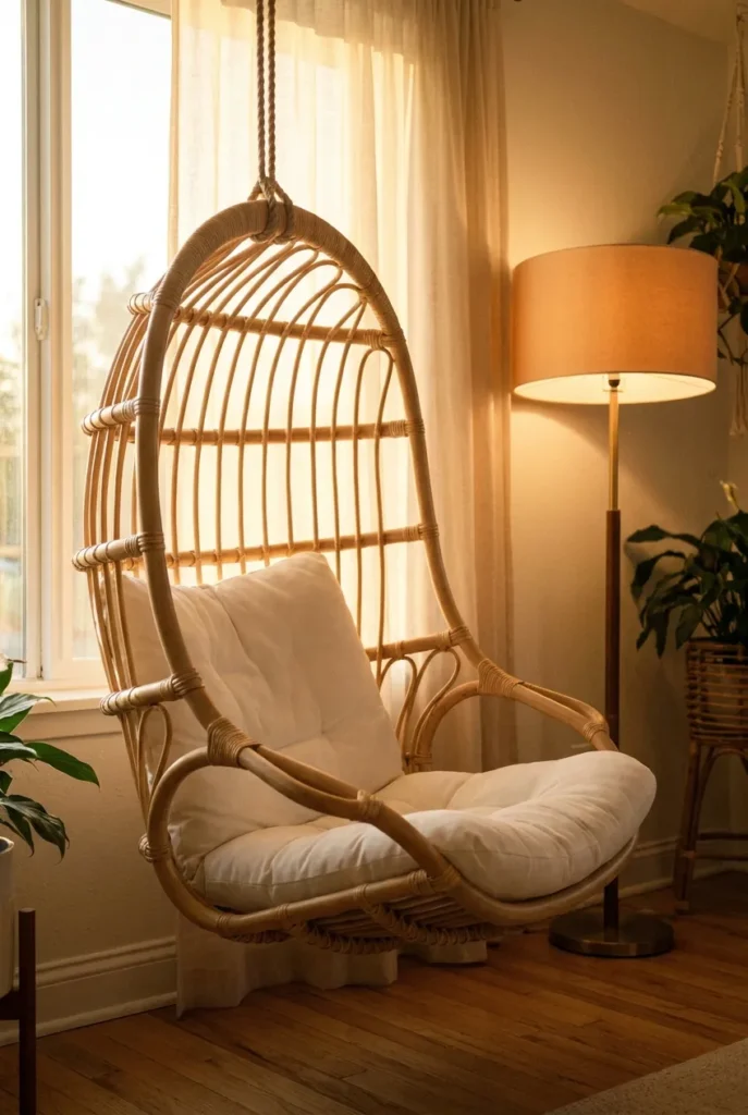 Rattan egg swing chair by a window with a warm floor lamp for evening reading.