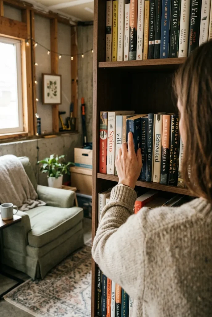 Reaching for a book on a bookcase beside a garage reading nook chair.