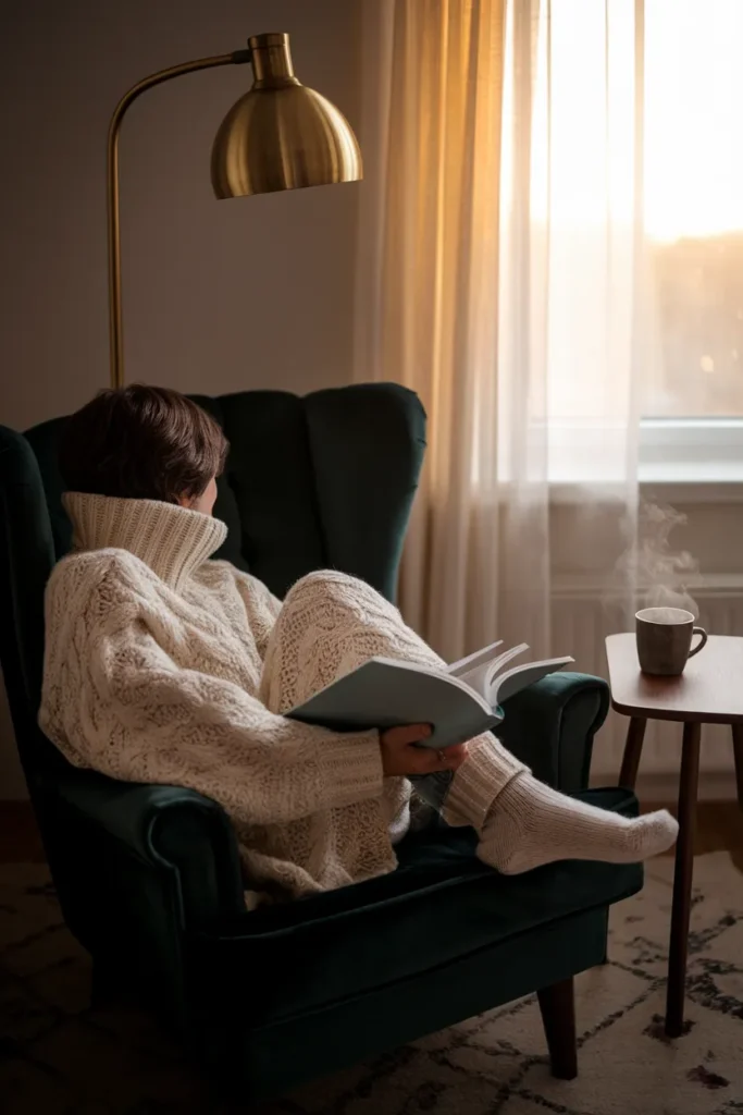Reader curled in a dark green armchair by the window at golden hour