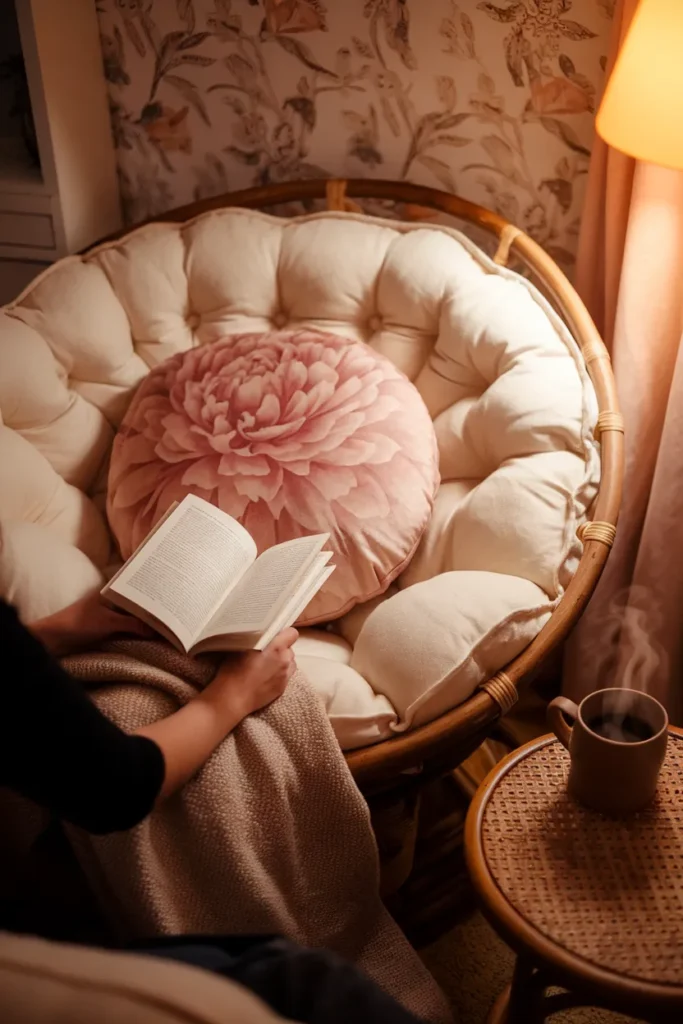 Reader curled in a floral papasan chair holding a book under warm lamplight.