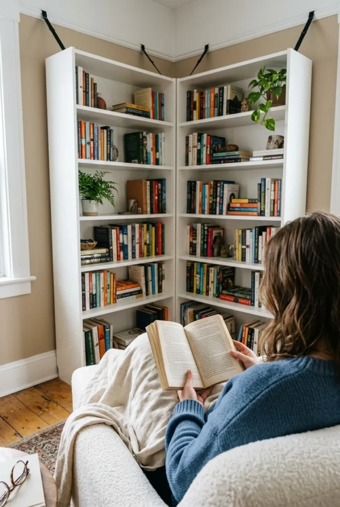 Reader curled in a renter-friendly corner nook framed by two freestanding