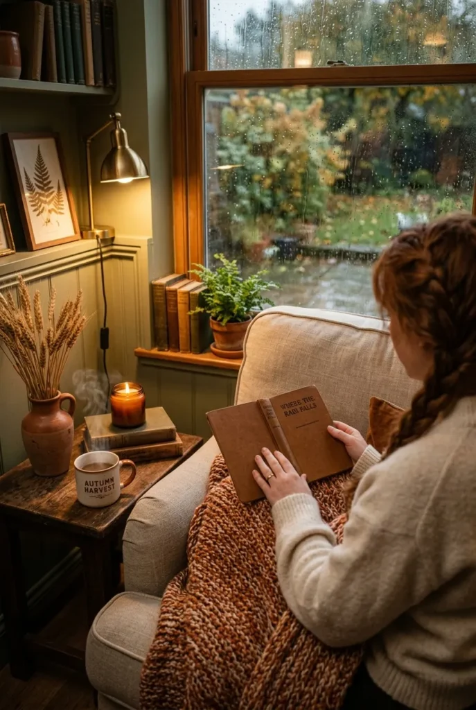 Reader curled up in a finished cottagecore fall reading nook on a rainy day.